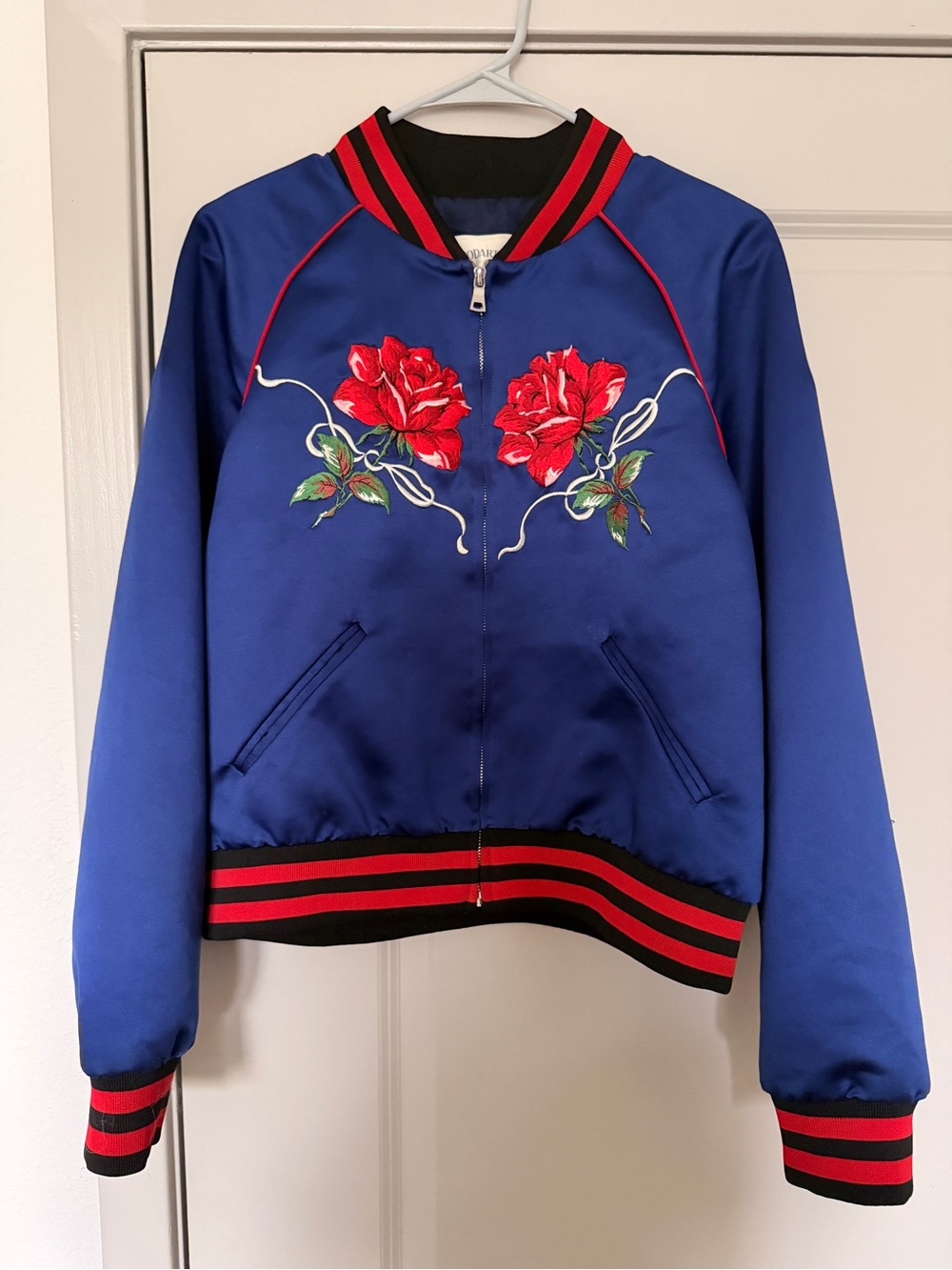 Rodarte Blue Satin Bomber Jacket with Red Rose Embroidery